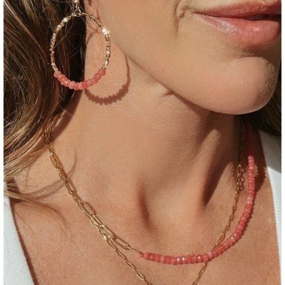 Red Jade Pink Sparkly Gold Beaded Earring Gemstone dangle hoops vacation jewelry - Picture 2 of 10